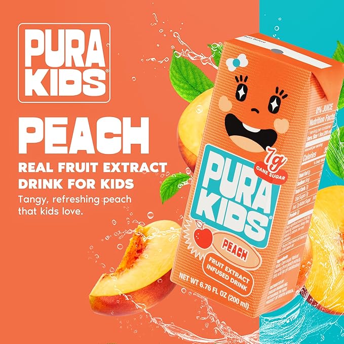 PURA Kids Box | Peach Fruit extract infused Drink for kids | 7g Pure Cane Sugar | Non-GMO | Vegan, No Artificial Sweeteners | Best Lunchbox Beverage with Paper Straw | 6.76 fl oz (200ml), Pack of 24