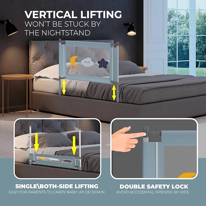 Bed rail for toddlers with adjustable high and foldable design for enhanced safety, Suitable for all mattress sizes toddler bed rails for cosleeping, Machine washable baby bed rail guard, Blue