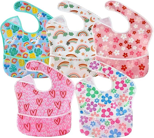 PandaEar 5 Pack Baby Bibs for Boys & Girls, Waterproof Adjustable Mealtime Bibs for Toddler 6-24 Months, Lightweight Soft