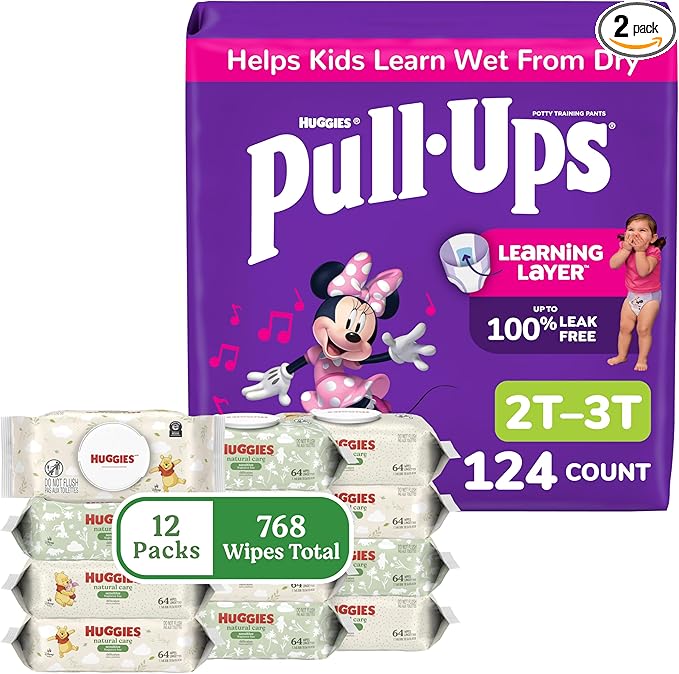 Pull-Ups for Girls + Natural Care Sensitive Wipes Bundle: Pull-Ups Training Pants, Size 2T-3T (16-34 lbs), 124 Count (4 Packs of 31) & Huggies Natural Care Sensitive Baby Wipes, 12 Packs, 768 Count