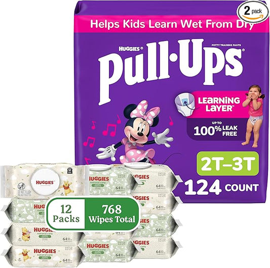 Pull-Ups for Girls + Natural Care Sensitive Wipes Bundle: Pull-Ups Training Pants, Size 2T-3T (16-34 lbs), 124 Count (4 Packs of 31) & Huggies Natural Care Sensitive Baby Wipes, 12 Packs, 768 Count