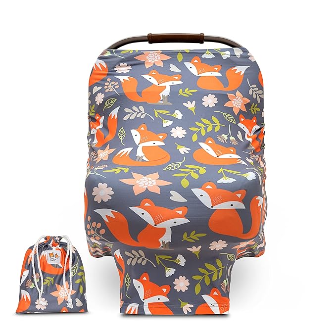 Baby Car Seat Canopy and Nursing Cover Up for Breastfeeding Moms | Multi-use 5-in-1, Breathable, Soft, Stretchy, Washable, Universal Fit | Cute Unisex Woodland Fox Pattern