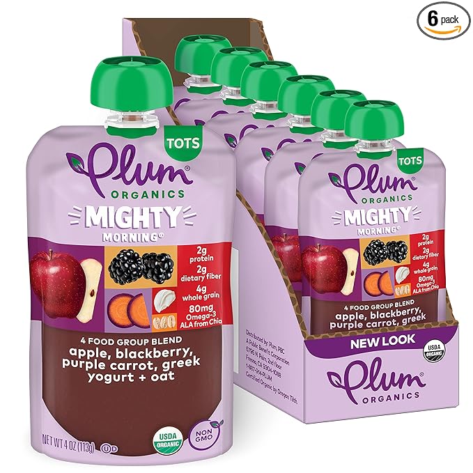 Plum Organics Mighty Food Group Blend, Organic Baby Food Meals [12+ Months], Quinoa, Blackberry, Purple Carrot, Greek Yogurt & Oat, Kosher, USDA Certified Organic, Non-GMO, 4 Ounce Pouch (Pack Of 6)