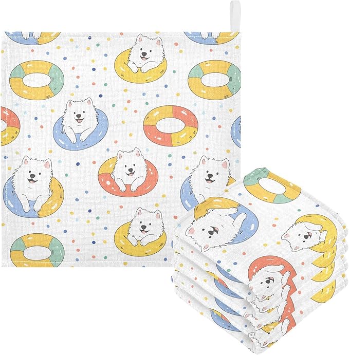vvfelixl Baby Muslin Washcloths Kawaii Samoyed Swim Baby Burp Cloths Cotton Babys Face Towel for Newborn Infants Boys Girls Soft and Absorbent 11.8 X 11.8 in, 3 Pack