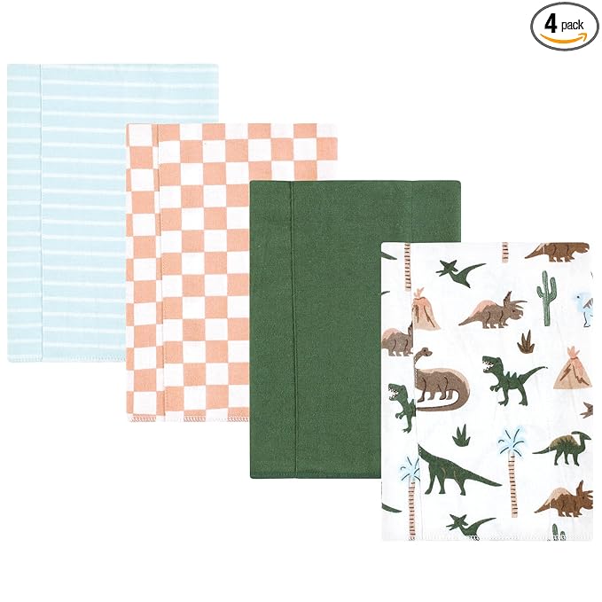 Hudson Baby Unisex Baby Cotton Flannel Burp Cloths 4-Pack, Retro Dinosaur, One Size