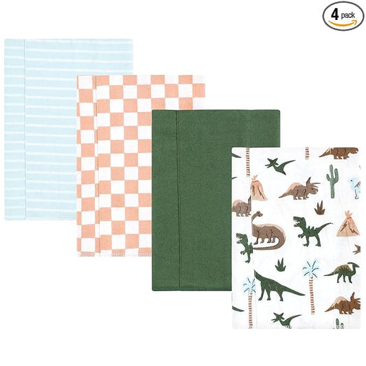 Hudson Baby Unisex Baby Cotton Flannel Burp Cloths 4-Pack, Retro Dinosaur, One Size
