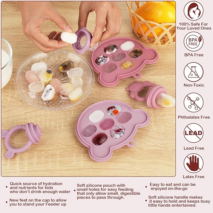 Baby Breastmilk Popsicle Molds & Baby Fruit Feeder (2 Pack), Infant Food Freezer Tray Storage Containers, Silicone Teething Pacifier Feeder and Teether for Babies - Blush