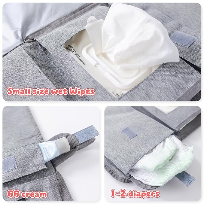 Portable Changing Pad for Travel, Waterproof & Wipe-Clean Changing Mat with Storage Pocket, for Diaper Bag,Grey