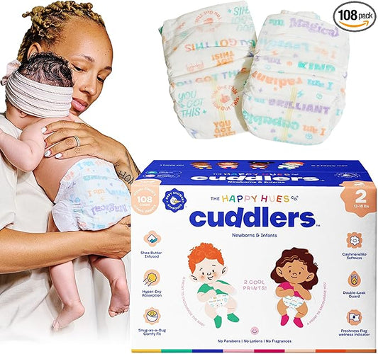 Happy Hues Cuddlers Disposable Diapers Size 2,12–18 lbs–Baby Diapers with Shea Butter, Wetness Indicator &Leak Protection–Ultra-Soft Unisex Newborn &Infant Diapers with Full Coverage,108 Count