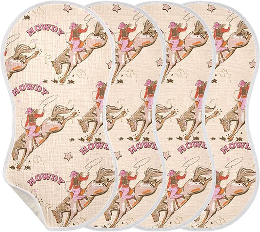 Cowgirl Western Vintage Burp Cloths Baby Boys Girls Absorbent Soft Cotton Burping Cloths Rags 4 Pack