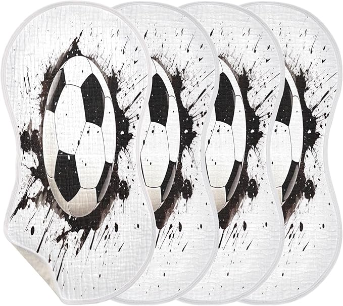 4 Pack Muslin Burp Cloths Soccer Ball White Print Cotton Baby Burp Cloths Absorbent Soft Burping Cloth Washcloths for Newborn Babies 22x11 Inch