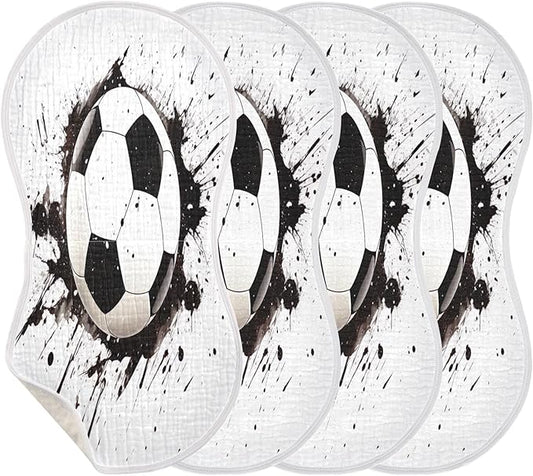 4 Pack Muslin Burp Cloths Soccer Ball White Print Cotton Baby Burp Cloths Absorbent Soft Burping Cloth Washcloths for Newborn Babies 22x11 Inch