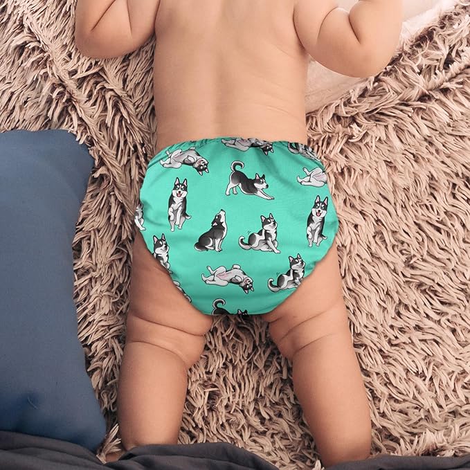 WIRESTER Baby Cloth Diaper One Size Adjustable Washable Reusable Cloth Pocket Diaper for Baby - Siberian Husky Funny Playful Postures