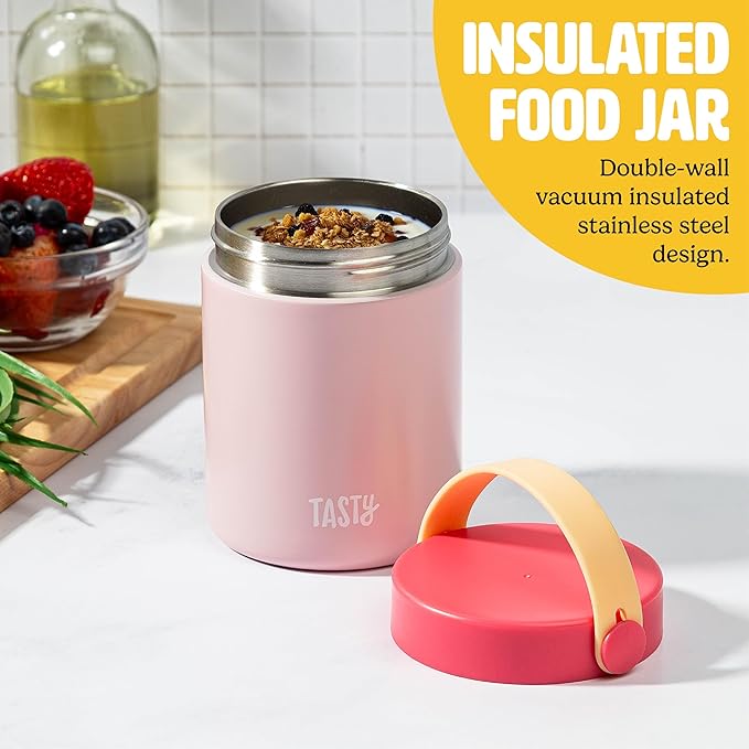 Tasty Food Jar with Folding Handle, Portable Snack Travel or Lunch Container, Stainless Steel Insulated Vacuum with Leak-Proof Lid, Keeps Food Hot or Cold for Hours, 15-Ounce, Pink