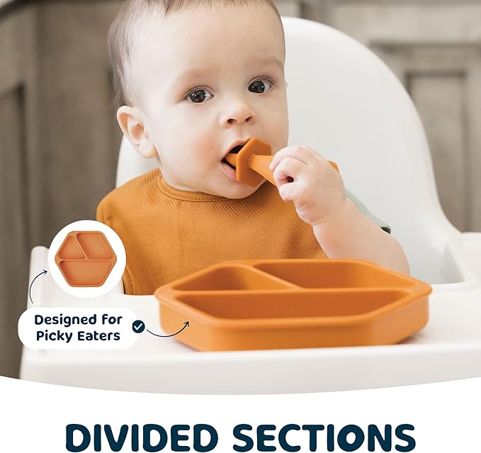 Tiny Twinkle Silicone Suction Baby Plate, Suction Grip Divided Dish for First Foods and Self-Feeding Toddlers, Baby Led Weaning Supplies for Independent Eating (Cinnamon Plate)