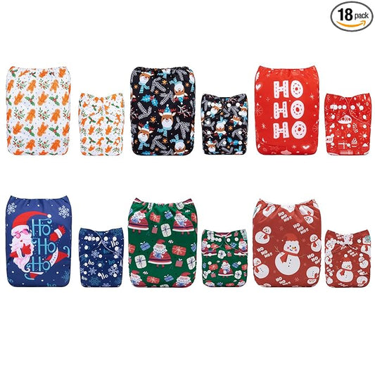 ALVABABY Christmas Baby Cloth Diaper 6 Pack with 12 Inserts One Size Cloth Diaper Covers Adjustable Washable Reusable for Baby Girls and Boys