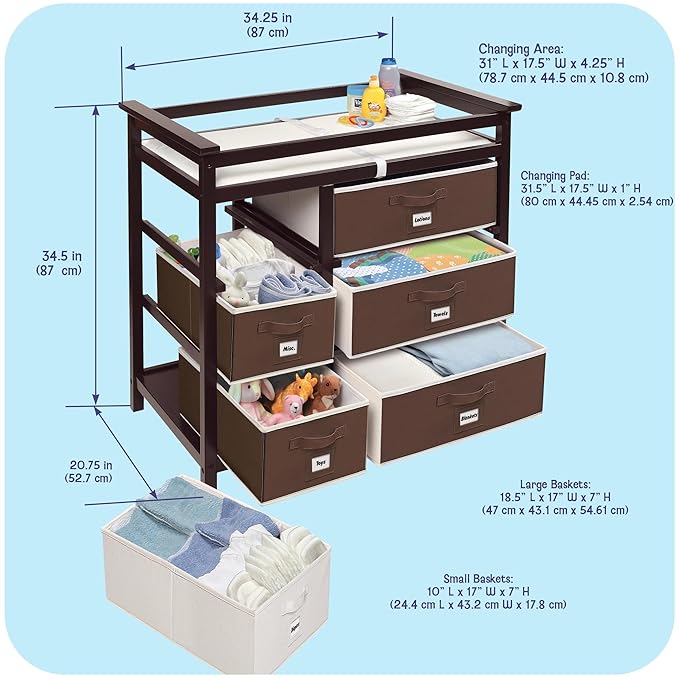 Badger Basket Modern Baby Changing Table with 6 Storage Drawers and Pad, Diaper Change Station - Espresso