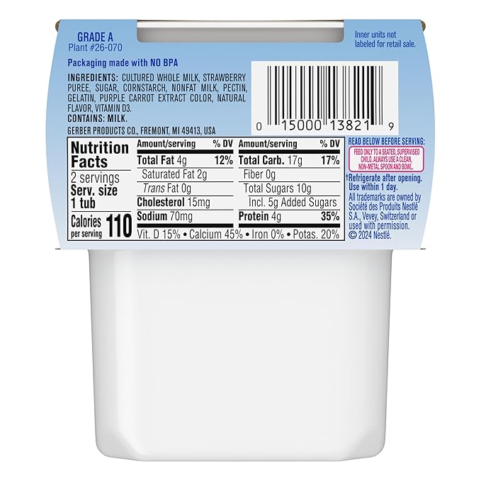 Gerber Stage 2 Baby Food, Strawberry Yogurt Tubs, Calcium Helps Support Bone Development, Baby Yogurt, 2 Count 4oz (Pack of 8)