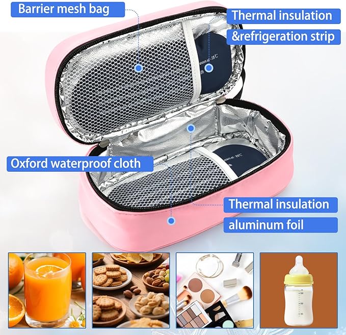 Breastmilk Cooler Bag with Ice Pack, Portable Insulated Breast Milk Storage Cooler Bag, Small Stylish Breastmilk Storage Bag Cooler with Wrist Strap (Light Pink)