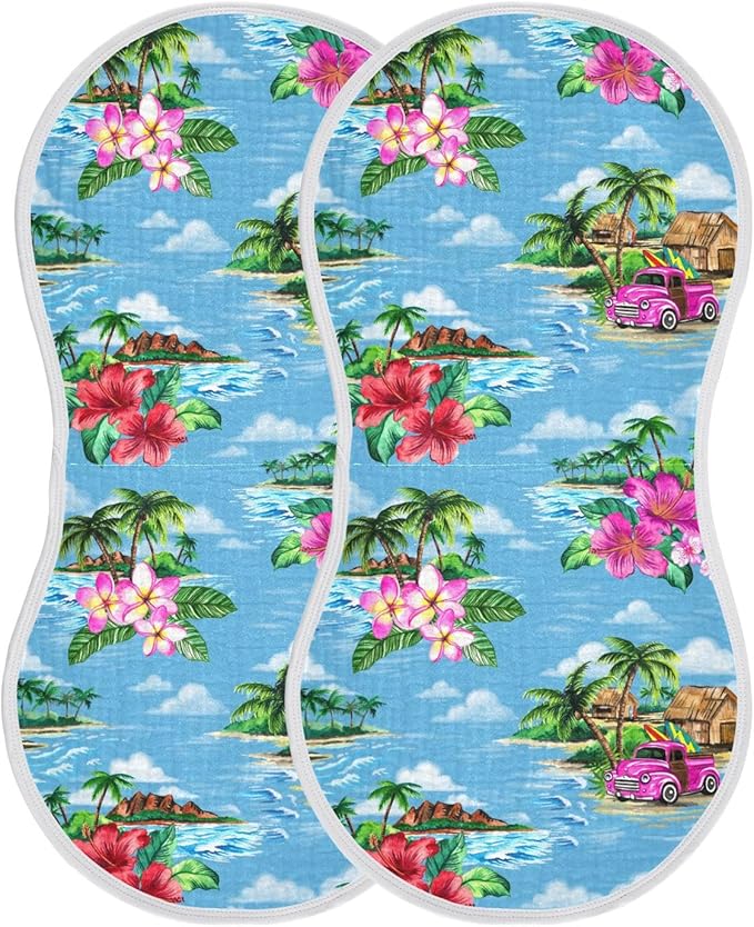 Muslin Burp Cloths for Baby Boys and Girls - 2-Pack Ultra Absorbent Vintage Hawaiian Tropical Muslin Washcloths, Newborn Towel, Milk Spit Up Rags, Burp Cloth Bibs for Unisex, 22 x 11 Inch