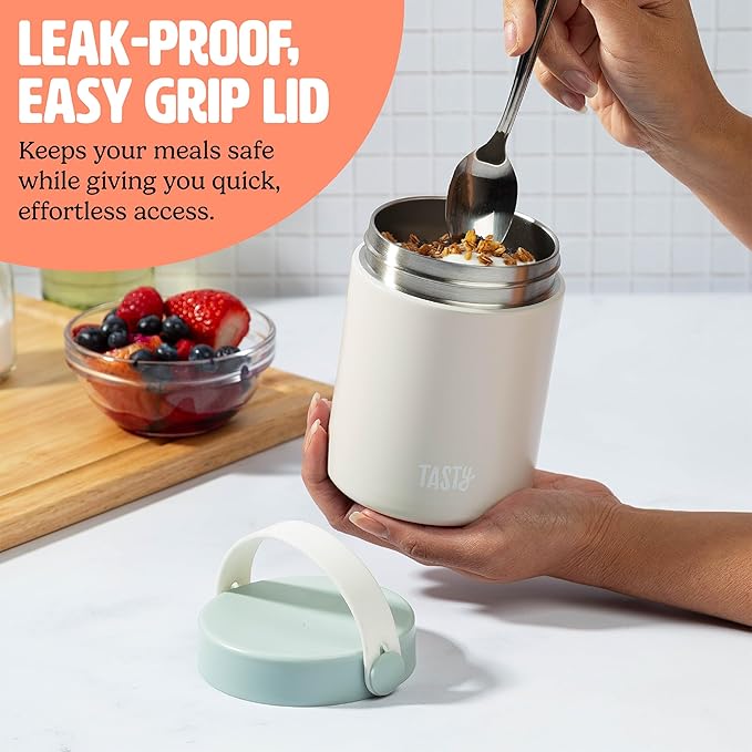 Tasty Food Jar with Folding Handle, Portable Snack Travel or Lunch Container, Stainless Steel Insulated Vacuum with Leak-Proof Lid, Keeps Food Hot or Cold for Hours, 15-Ounce, Cream