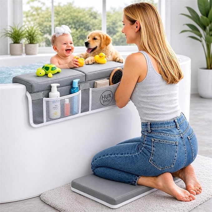 Comfortable Baby Bath Kneeler and Elbow Rest Pad Set, Non-Slip Bathtub Kneeling Pad for Bathing Baby, Bath Tub Cushion Mat, Elbow Pads, Toy Organizer Storage Pockets, Strong Suction Cups (Lua Gray)