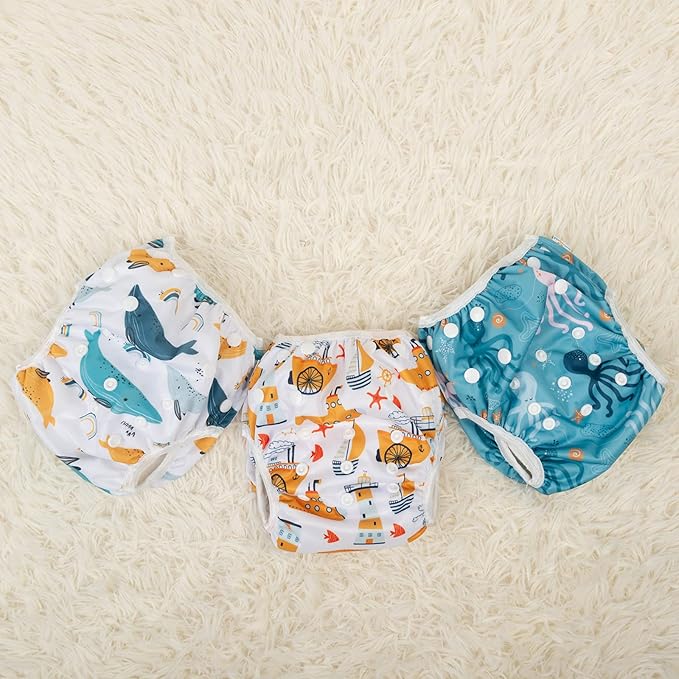 Babygoal Baby Swim Diapers 3 Pack for 0-8 Months Infant Girls and Boys, Reusable Adjustable Washable for Swimming Lessons-Shark & Octopus