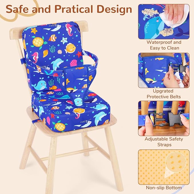 Toddler Booster Seat for Kitchen Chair, Non-Slip Bottom Dining Table Booster Seat with Backrest and Adjustable Straps, Portable Eating Travel Increasing Cushion