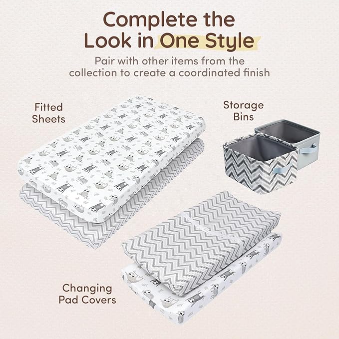 Baby Changing Pad Covers Table Sheet 32" x 16", 8" Deep Pocket - Diaper Changing Pad Cover, 100% Cotton Chevron & Sloth Baby Sheets for Girl & Boy, 2 Pack, Designed in France, White-Grey