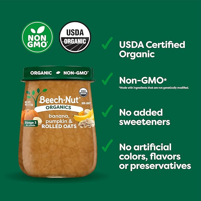 Beech-Nut Organic Baby Food Jars, Organic Banana Pumpkin & Rolled Oats Puree, Stage 3 Baby Food for Babies 8 Months and Up, Non-GMO, 4oz Glass Jars, 10ct
