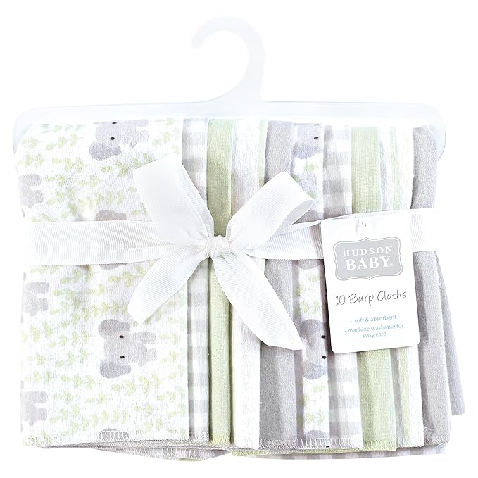 Hudson Baby Unisex Baby Cotton Flannel Burp Cloths 10-Pack, Leafy Elephant, One Size