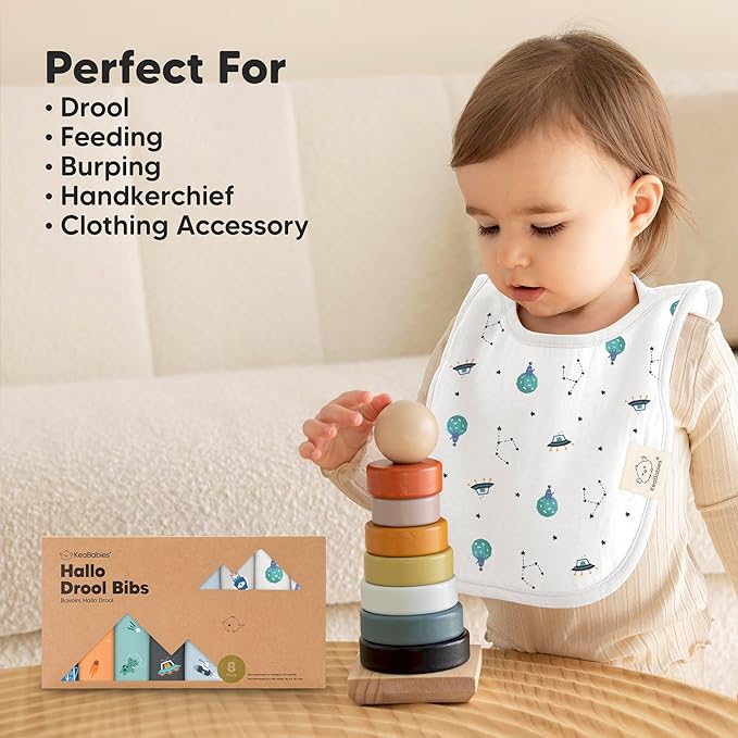 KeaBabies 8-Pack Bibs for Baby Girl, Boy - Pullover Large Baby Bibs for Drooling and Teething Infant, Newborn, Soft & Absorbent Organic Cotton, Long Torso Coverage Keep Toddler Clean & Dry (Cosmo)