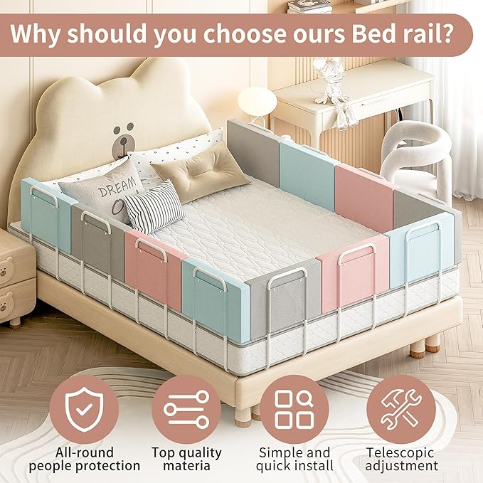 Bed Rail Bumpers for Toddlers, Foam Padded Bed Barrier for Kids Safety, Adjustable Bed Side Guard Rails for Old Dogs, Bunk, Twin, Queen, King, Full Size Beds (Pink, 2 Packs)