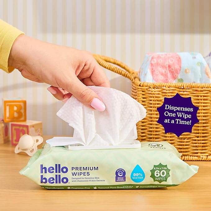 Hello Bello Premium Wipes, Designed for Sensitive Skin with Chamomile & Aloe Extracts, Simply Sage (9 Resealable Packets = 540 Total Wipes)