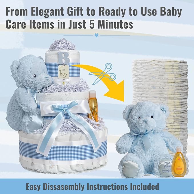Lil' Baby Cakes Blue Boy Diaper Cake - Makes a Beautiful Boy Baby Gift - Adorable and Practical - Handmade with 42 Swaddler 1 Diapers - Size 10 in x 12 in