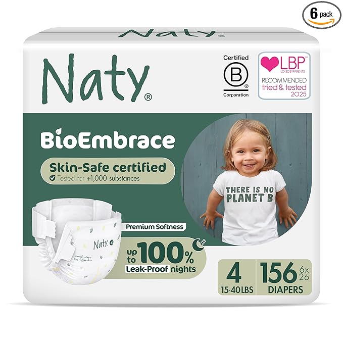 Naty BioEmbrace Baby Diapers | Sensitive Skin Safe Certified | Leak Protection up to 100% | Plant-Based Softness, Premium Comfort | Chlorine-Free | Size 4 (15–40 lbs), 156 Count