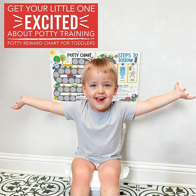 Hadley Designs Potty Training Chart for Toddlers Boys -10 Sticker Potty Chart for Toddlers Boys, 8.5x11" Potty Training Sticker Charts for Toilet Success, Cars Toddler Reward Chart for Kids