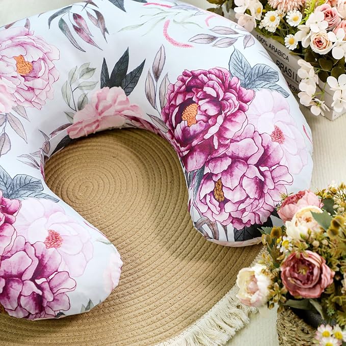 Baby Nursing Pillow Cover, Removeable Breastfeeding Pillow Slipcover, Nursing Pillow Case for Newborn Boys Girls, Soft Fabric Fits Snug On Infant, Washable & Breathable, Purple Flower