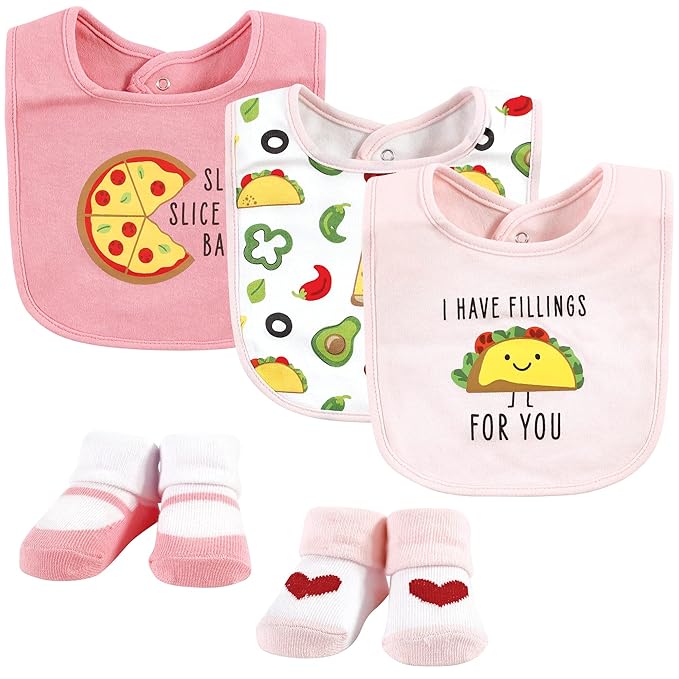 Hudson Baby Unisex Baby Cotton Bib and Sock Set, Girl Pizza Taco, One Size