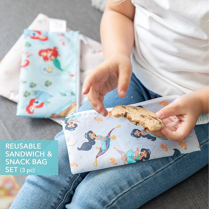 Bumkins Disney Ruffle Apron Bib and 3-pack Snack Bags, Waterproof Fabric, Belle