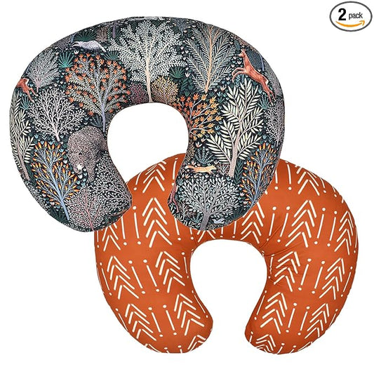 2 Pack Baby Nursing Pillow Cover Newborn U-Shaped Breastfeeding Pillowcase Cushion Cover Stretchy Replaceable Forest&Floral Pillow Cover Slipcover 22.5x18 (Forest + Retro Geometry)