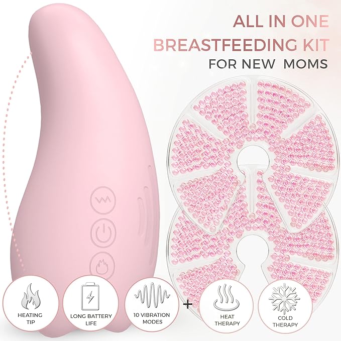 Breast Massager for Breast Feeding Essentials New Mom - Vibrating Lactation Massager with Heat and Breast Therapy Pads: Improve Milk Flow, Clogged Milk Duct Relief, Mastitis, and Engorgement