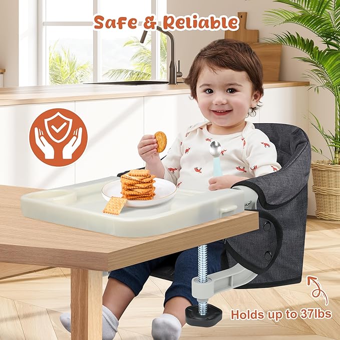 Hook On High Chair with Detachable Tray, Portable Foldable Clip On Baby Travel High Chair, Lightweight Feeding Seat with Storage Bag, BPA-Free Safety Harness for Home Restaurant (Black)