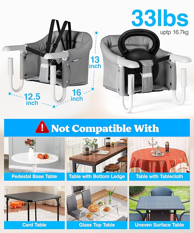 Portable Hook on High Chair for Baby & Travel Toddler from 6-36 Months – Clip on Baby Seat for Table – Fast Table Chair for Travel & Dining– Including Storage Bag - Gray
