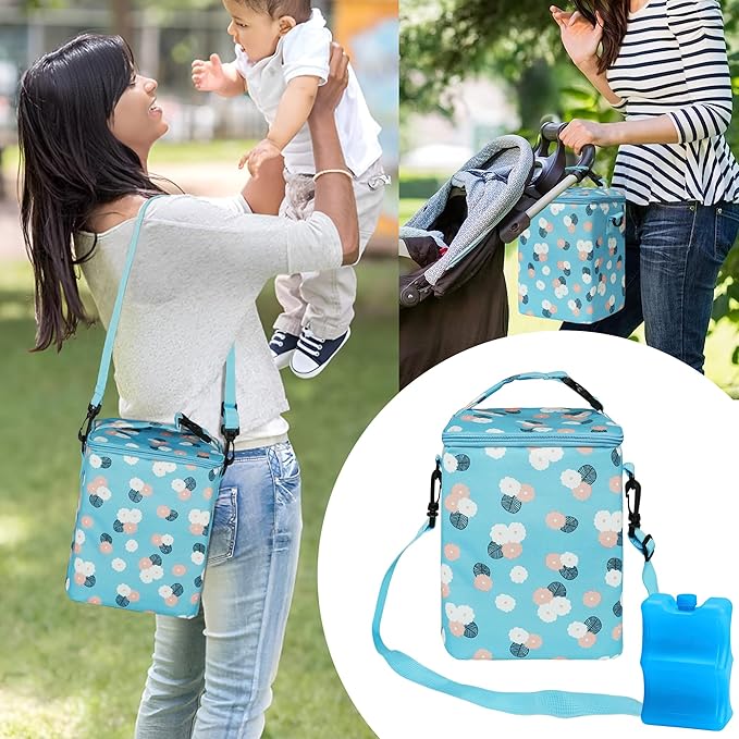 Breastmilk Cooler Bag with Ice Pack Fits 4 Baby Bottles Up to 9 Ounce Insulated Baby Bottle Bag Breast Milk Cooler on The Go with Strap Baby Bottle Cooler Bag for Nursing Mom Daycare or Travel