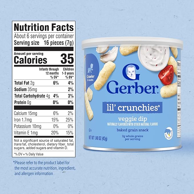 Gerber Stage 3 Baby Food Snacks, Veggie Dip Lil' Crunchies, Snacks for Babies, Baby Led Feeding, 6-Pack