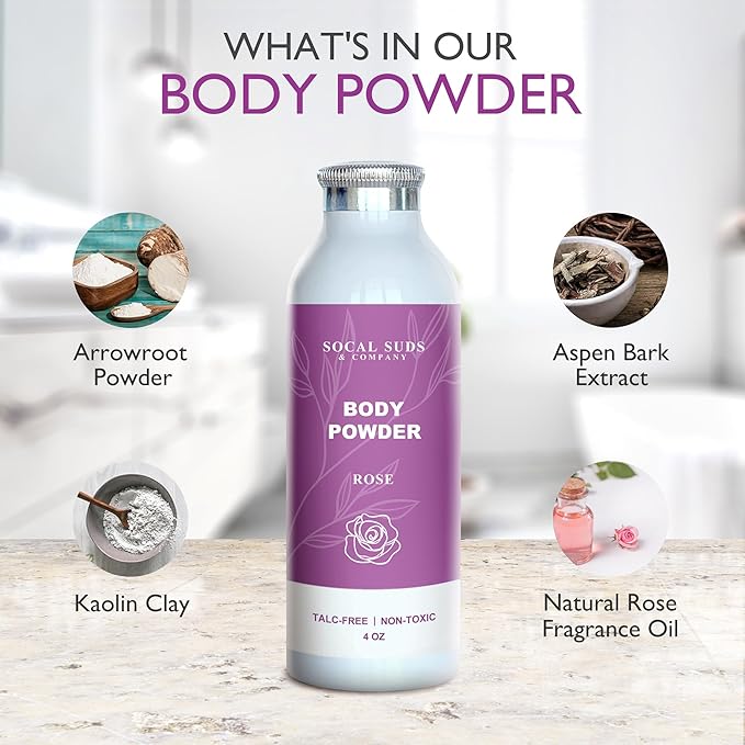 SoCal Suds & Company - Natural Body Powder Talc-Free with Arrowroot Powder, Kaolin, Aspen Bark Extract for Soft Soothing Delicate Skin - Rose 4oz, 1-Pack