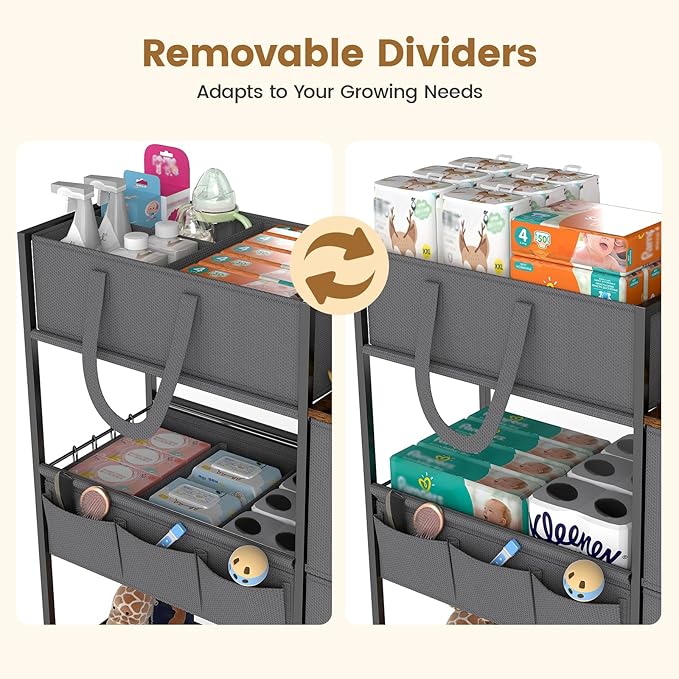 3-Tier Baby Diaper Caddy Organizer and Storage Cart, Baby Essentials with 2+2 Dividers and 3 Drawers, Large Capacity Rolling Cart for Nursery Storage, Diaper Caddy Cart for Crib, Bedroom, Bathroom