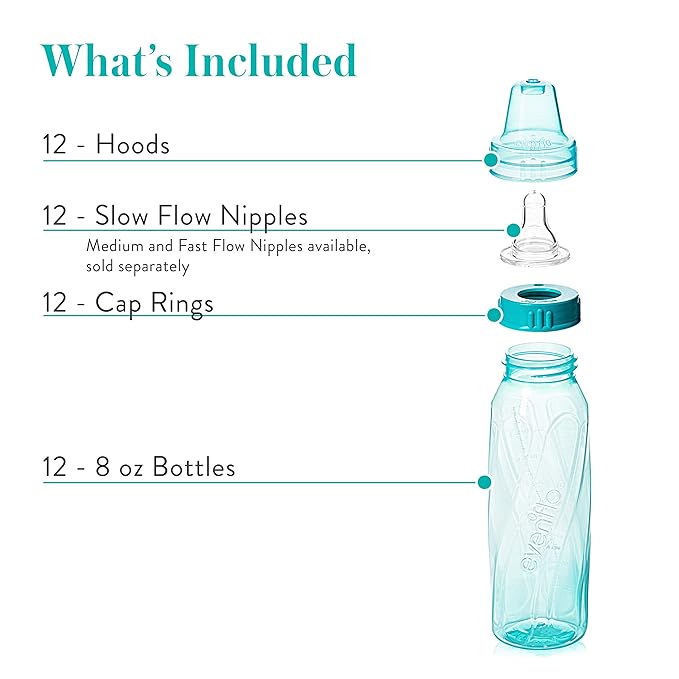 Evenflo Feeding Classic Tinted Plastic Standard Neck Bottles for Baby, Infant and Newborn, Pink/Lavender/Teal, 8 Oz, 12 Bottles