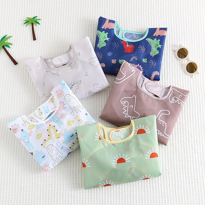 Long Sleeved Bibs,5 PCS Waterproof Wearable Bibs with Sleeves,Baby Feeding Smock 6-30 Months